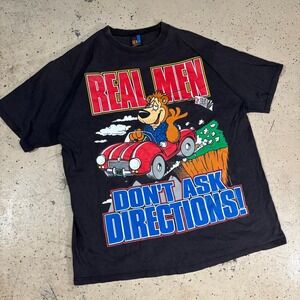 Vintage 90s Sun Sportswear Real Men Don't Ask Directions Black T-Shirt Size XL